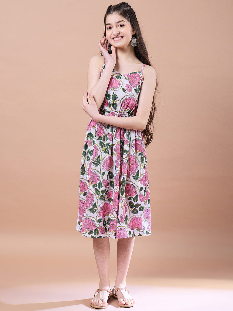 Girls Floral Print Square Neck Empire Cotton Midi Dress