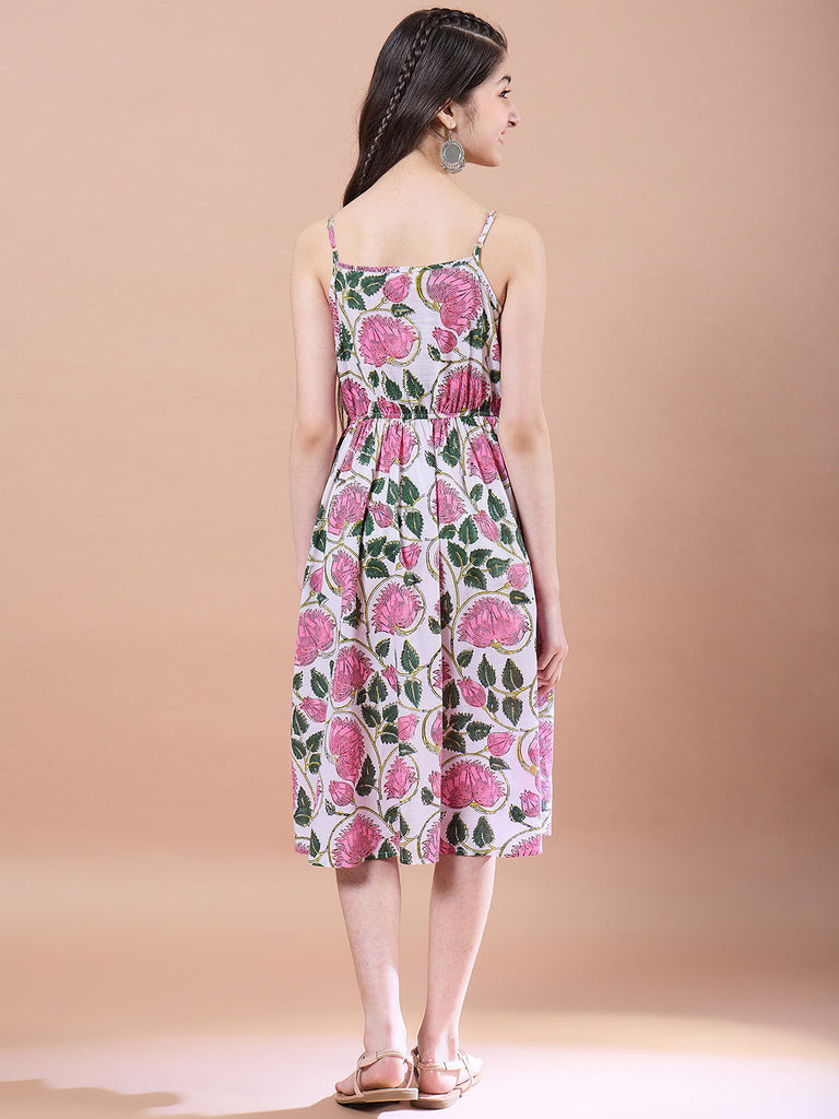 Girls Floral Print Square Neck Empire Cotton Midi Dress