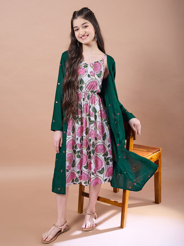 Girls Floral Print Square Neck Empire Cotton Midi Dress