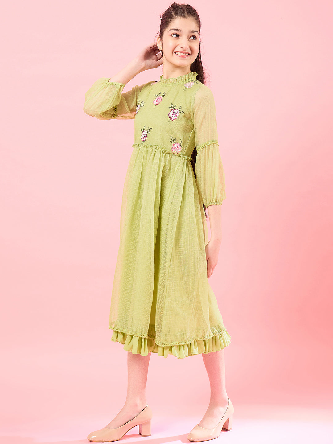 Girls High Neck Puff Sleeves Fit Flare Opaque Midi Casual Dress - PS Peaches