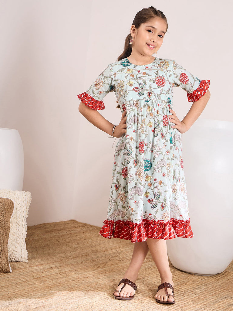 Girls Floral Print Bell Sleeve A-Line Midi Dress