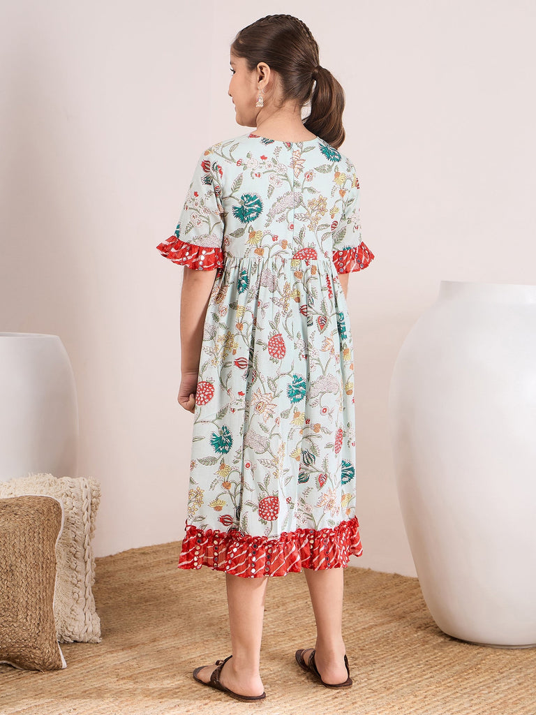 Girls Floral Print Bell Sleeve A-Line Midi Dress