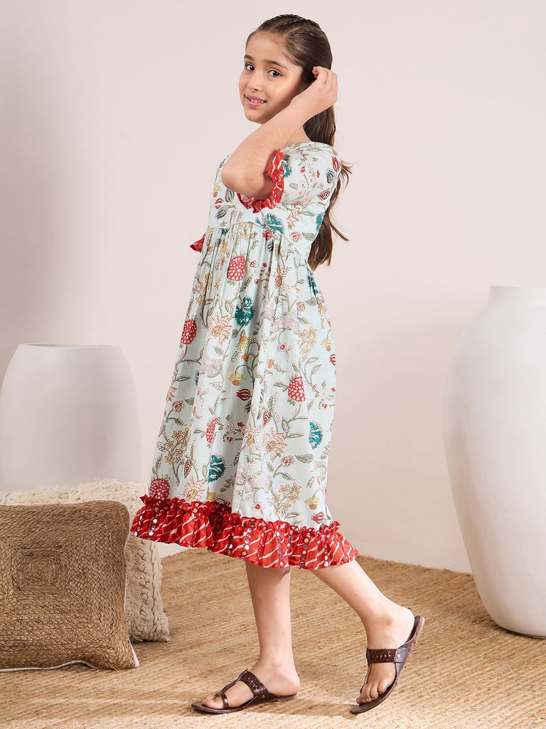 Girls Floral Print Bell Sleeve A-Line Midi Dress