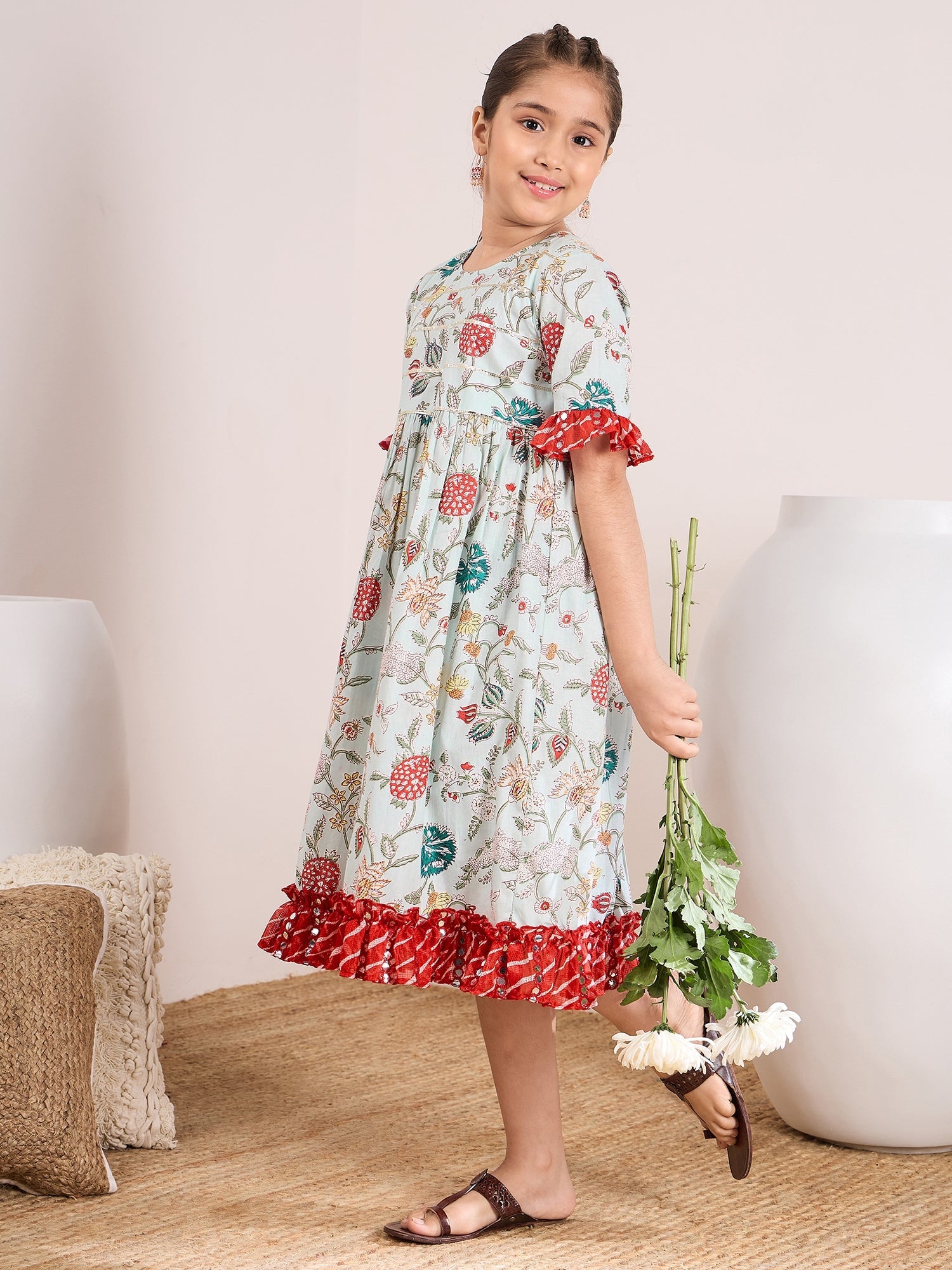 Girls Floral Print Bell Sleeve A-Line Midi Dress - PS Peaches