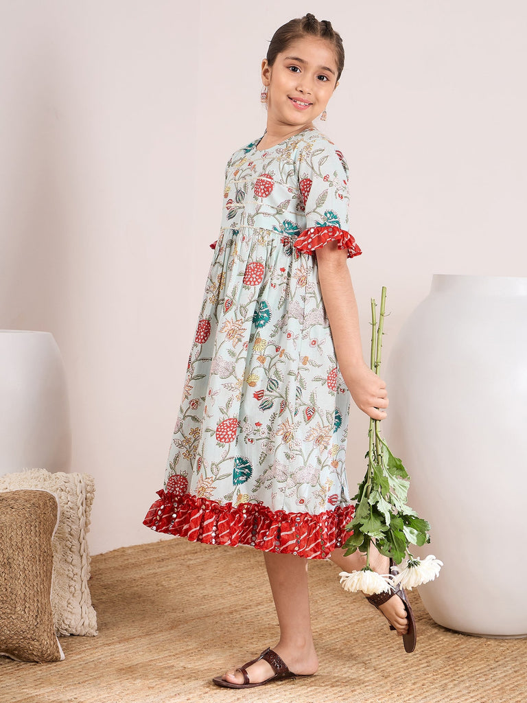 Girls Floral Print Bell Sleeve A-Line Midi Dress