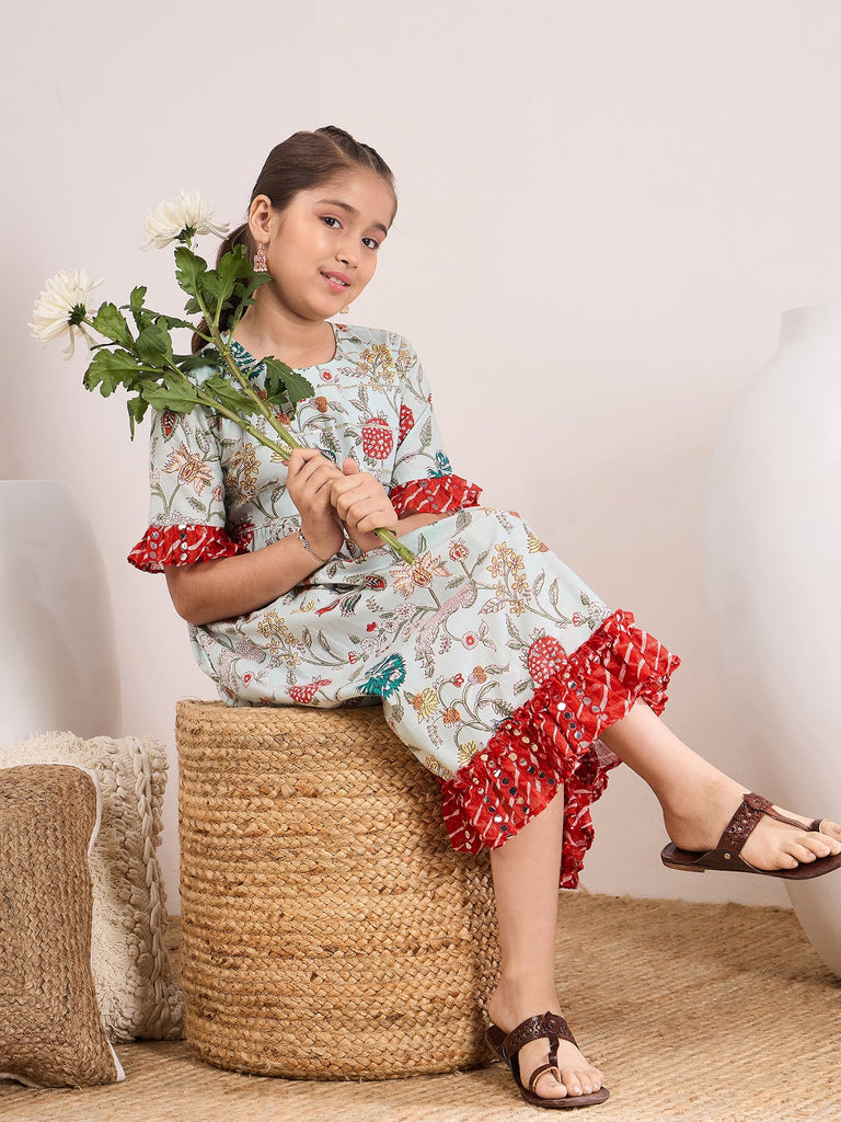 Girls Floral Print Bell Sleeve A-Line Midi Dress