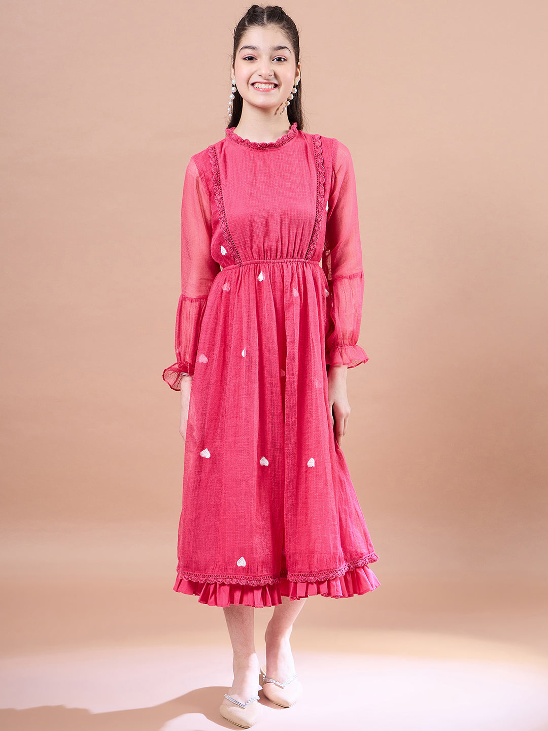 Girls Round Neck Puff Sleeves Fit Flare Midi Dress - PS Peaches