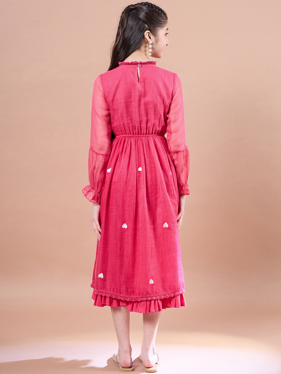 Girls Round Neck Puff Sleeves Fit Flare Midi Dress