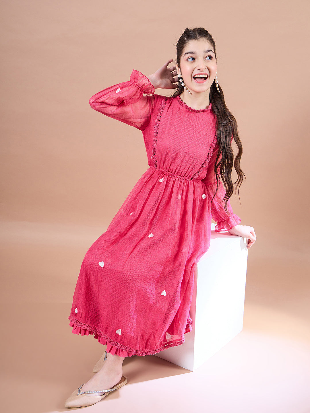 Girls Round Neck Puff Sleeves Fit Flare Midi Dress - PS Peaches