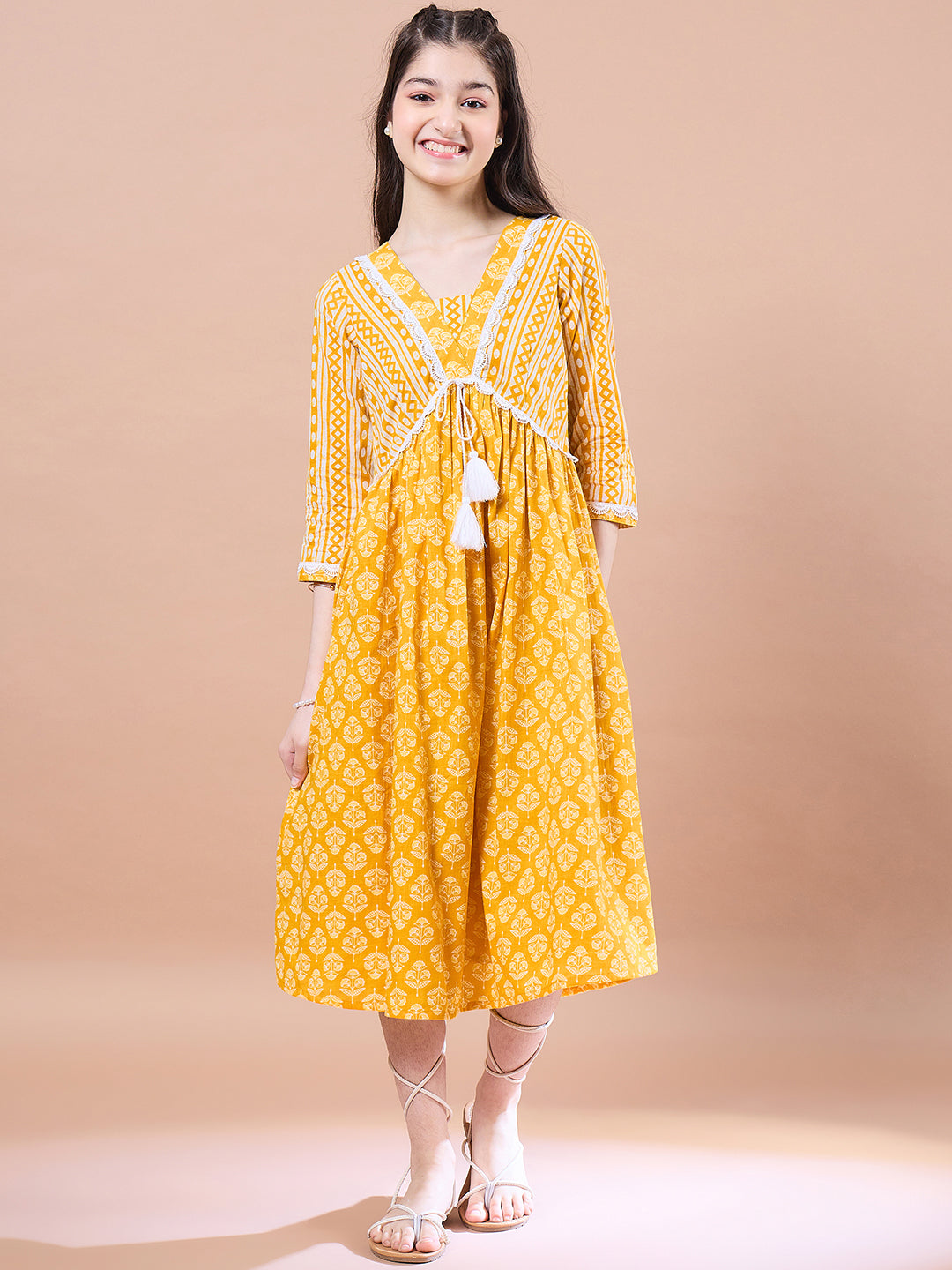 Girls Ethnic Motifs Print Cotton V-Neck A-Line Midi Dress - PS Peaches