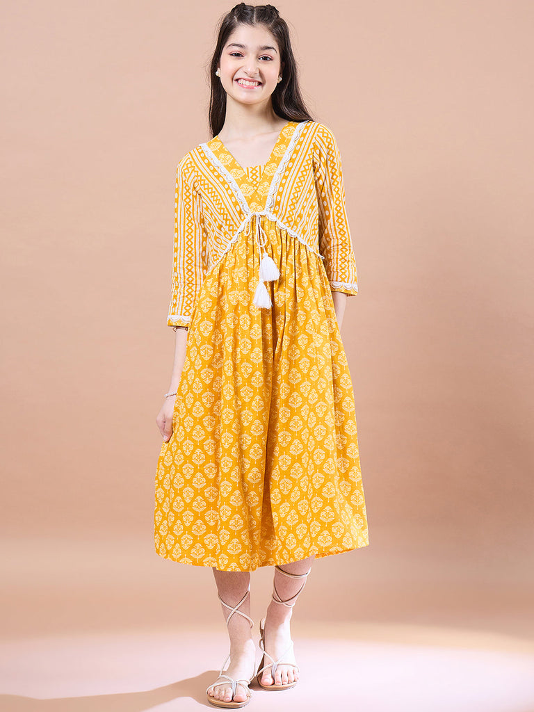 Girls Ethnic Motifs Print Cotton V-Neck A-Line Midi Dress