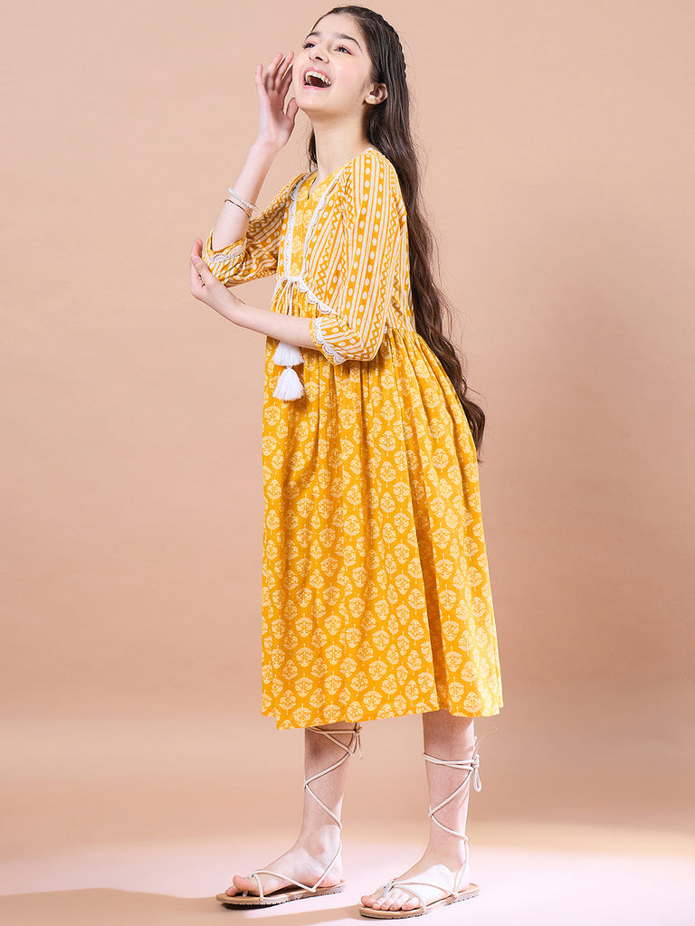 Girls Ethnic Motifs Print Cotton V-Neck A-Line Midi Dress