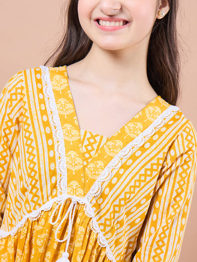 Girls Ethnic Motifs Print Cotton V-Neck A-Line Midi Dress