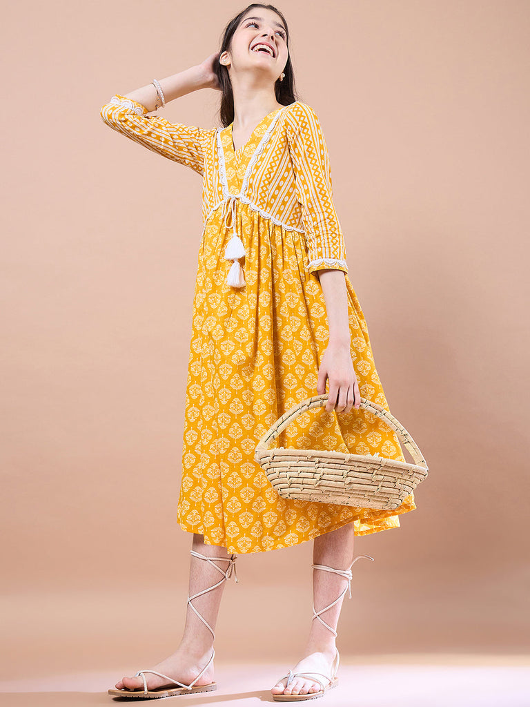 Girls Ethnic Motifs Print Cotton V-Neck A-Line Midi Dress