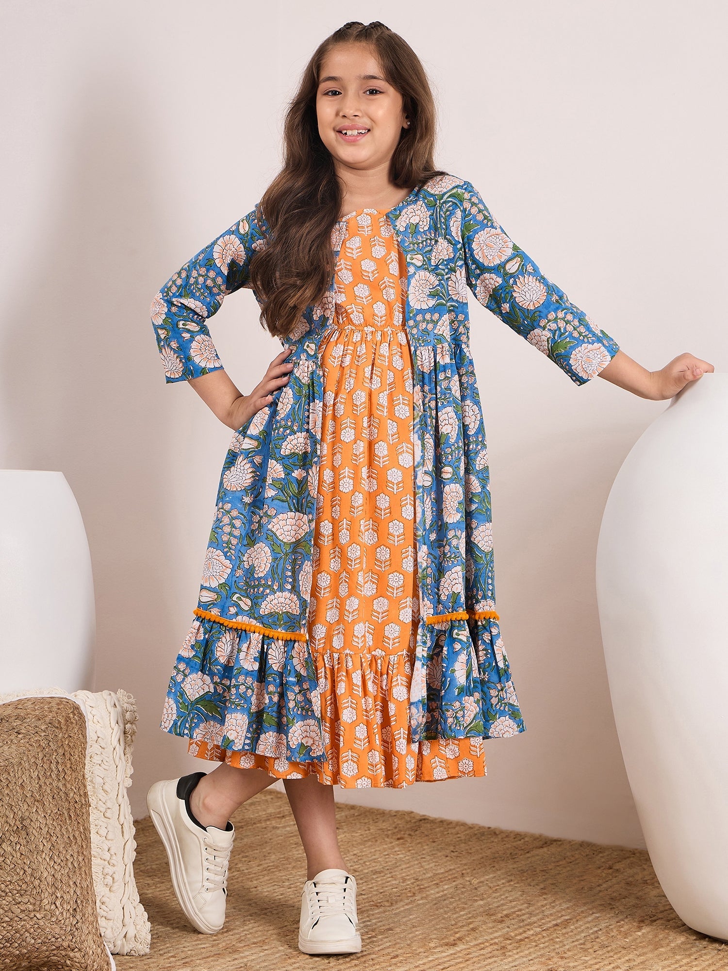 Girls Floral Print Bell Sleeve Empire Midi Dress 4-6 Y / Orange / Cotton