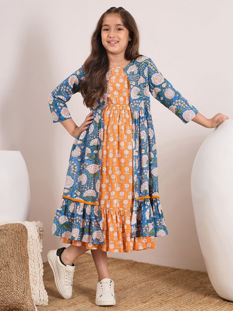Girls Floral Print Bell Sleeve Empire Midi Dress