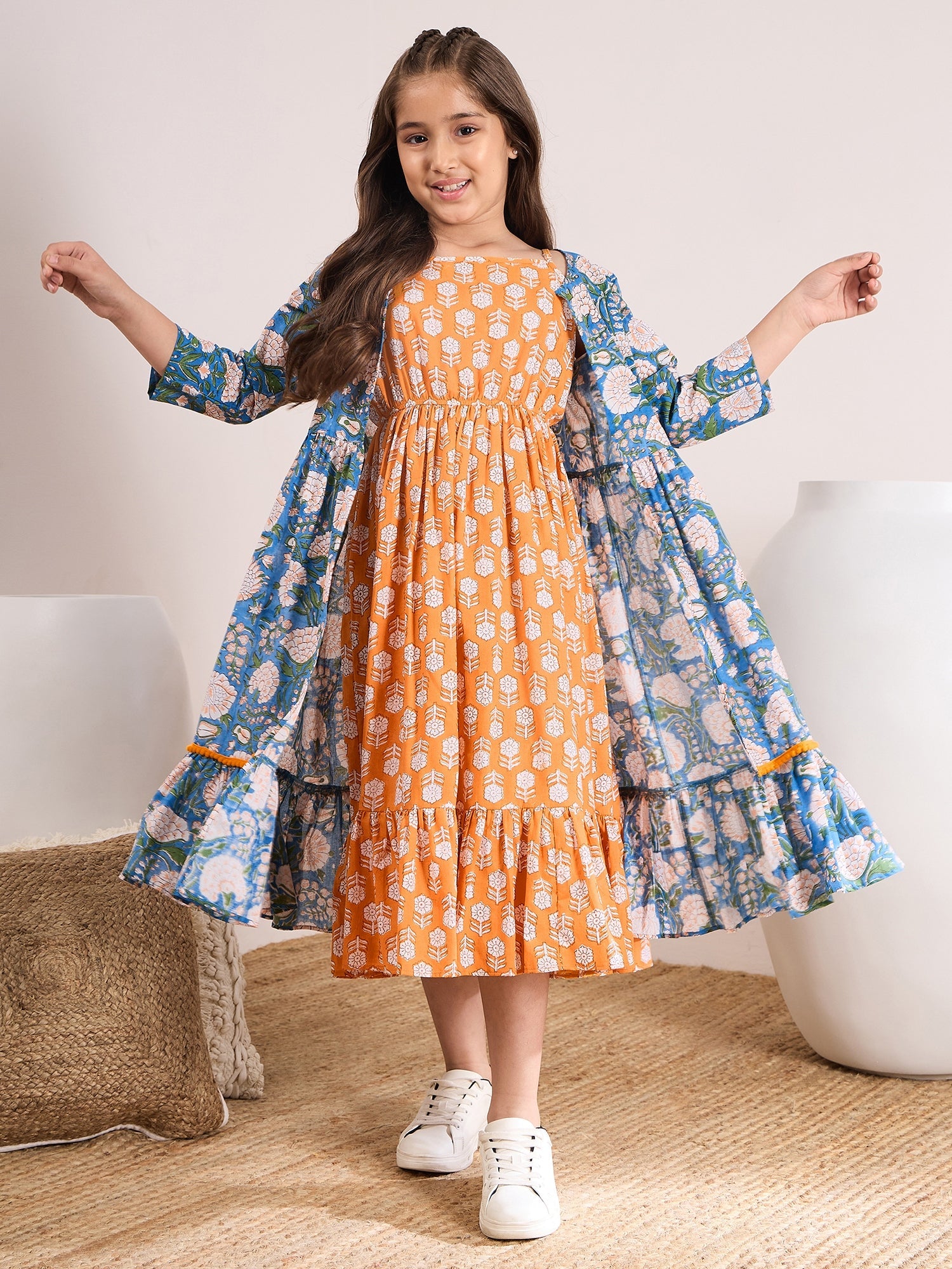 Shop Girls Orange,Blue & White Floral Print Fit & Flare Round Neck Sleeveless Cotton Midi Dress (IW-ORANGEBOOTICAPE) Online Orange / 4-6Y / Cotton Shop Girls Orange,Blue & White Floral Print Fit & Flare Round Neck Sleeveless Cotton Midi Dress (IW-ORANGEBOOTICAPE) Online Orange / 4-6Y / Cotton