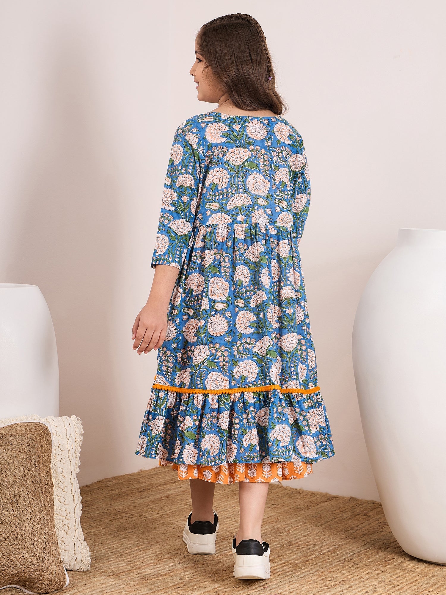 Shop Girls Orange,Blue & White Floral Print Fit & Flare Round Neck Sleeveless Cotton Midi Dress (IW-ORANGEBOOTICAPE) Online Orange / 4-6Y / Cotton Shop Girls Orange,Blue & White Floral Print Fit & Flare Round Neck Sleeveless Cotton Midi Dress (IW-ORANGEBOOTICAPE) Online Orange / 4-6Y / Cotton