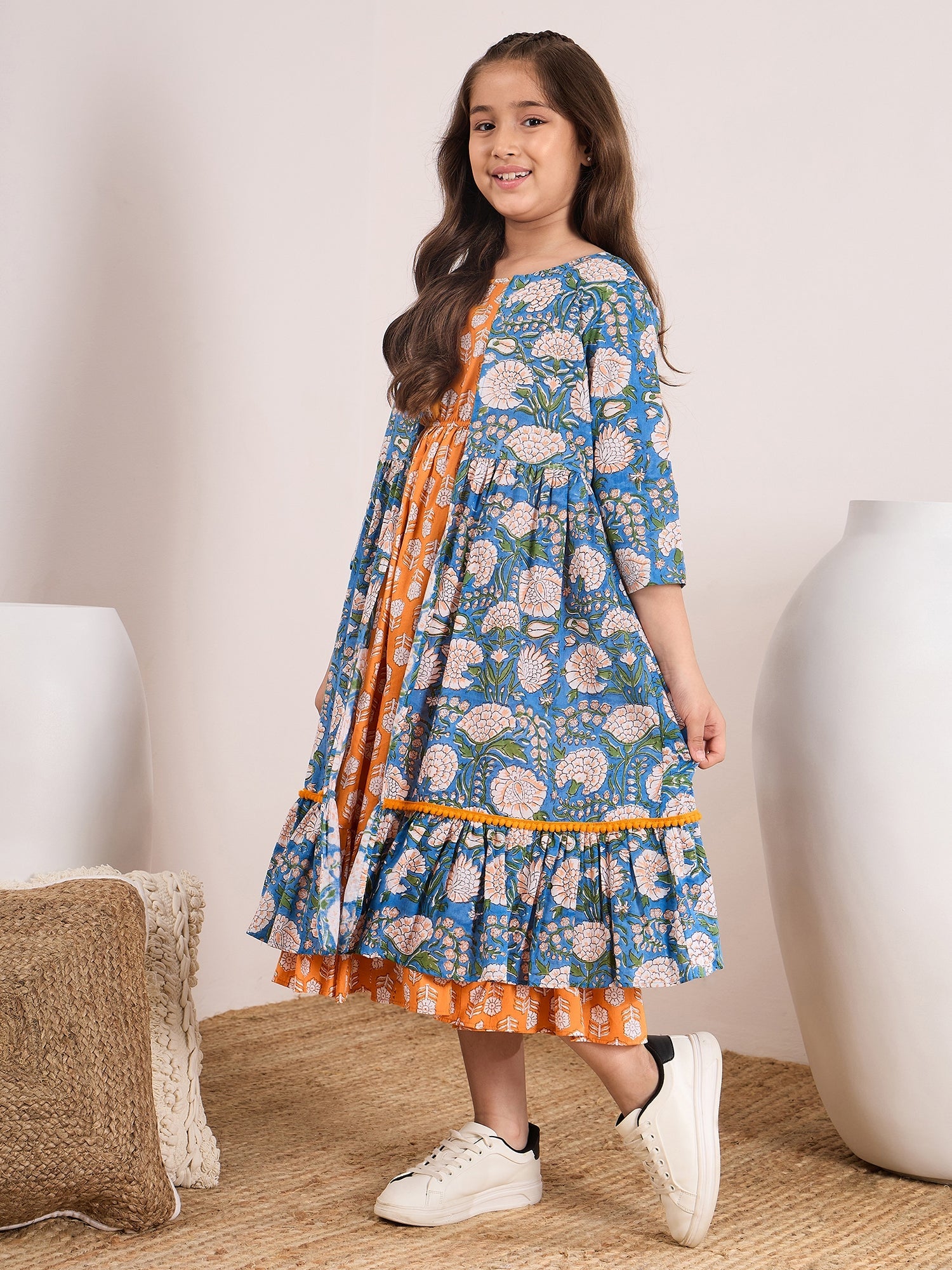 Girls Floral Print Bell Sleeve Empire Midi Dress - PS Peaches