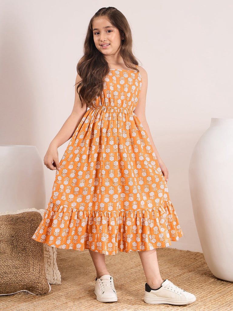 Girls Floral Print Bell Sleeve Empire Midi Dress