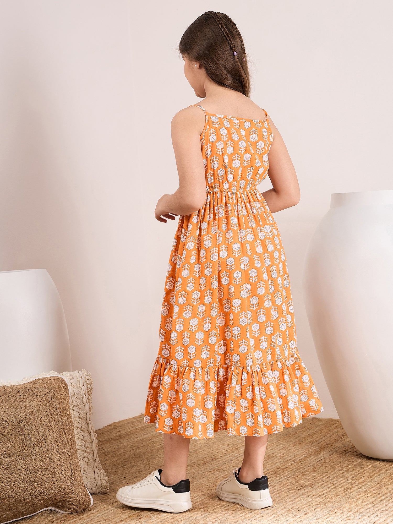 Shop Girls Orange,Blue & White Floral Print Fit & Flare Round Neck Sleeveless Cotton Midi Dress (IW-ORANGEBOOTICAPE) Online Orange / 4-6Y / Cotton Shop Girls Orange,Blue & White Floral Print Fit & Flare Round Neck Sleeveless Cotton Midi Dress (IW-ORANGEBOOTICAPE) Online Orange / 4-6Y / Cotton