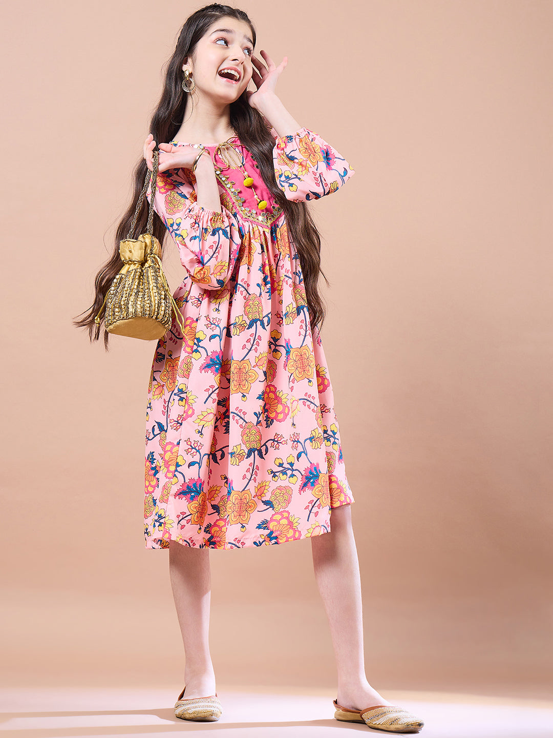 Girls Floral Print Bell Sleeve Empire Midi Dress - PS Peaches