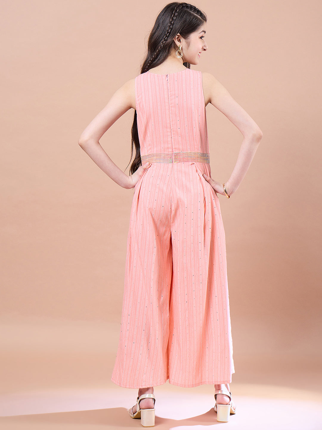 Girls Striped Basic Jumpsuit With Embellished - PS Peaches