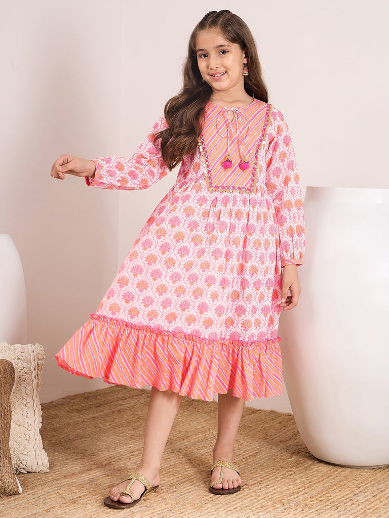 Girls Floral Print Tie-Up Neck Fit & Flare Midi Dress