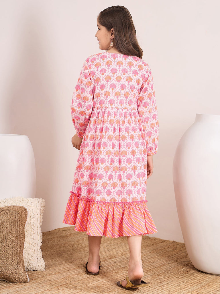 Girls Floral Print Tie-Up Neck Fit & Flare Midi Dress