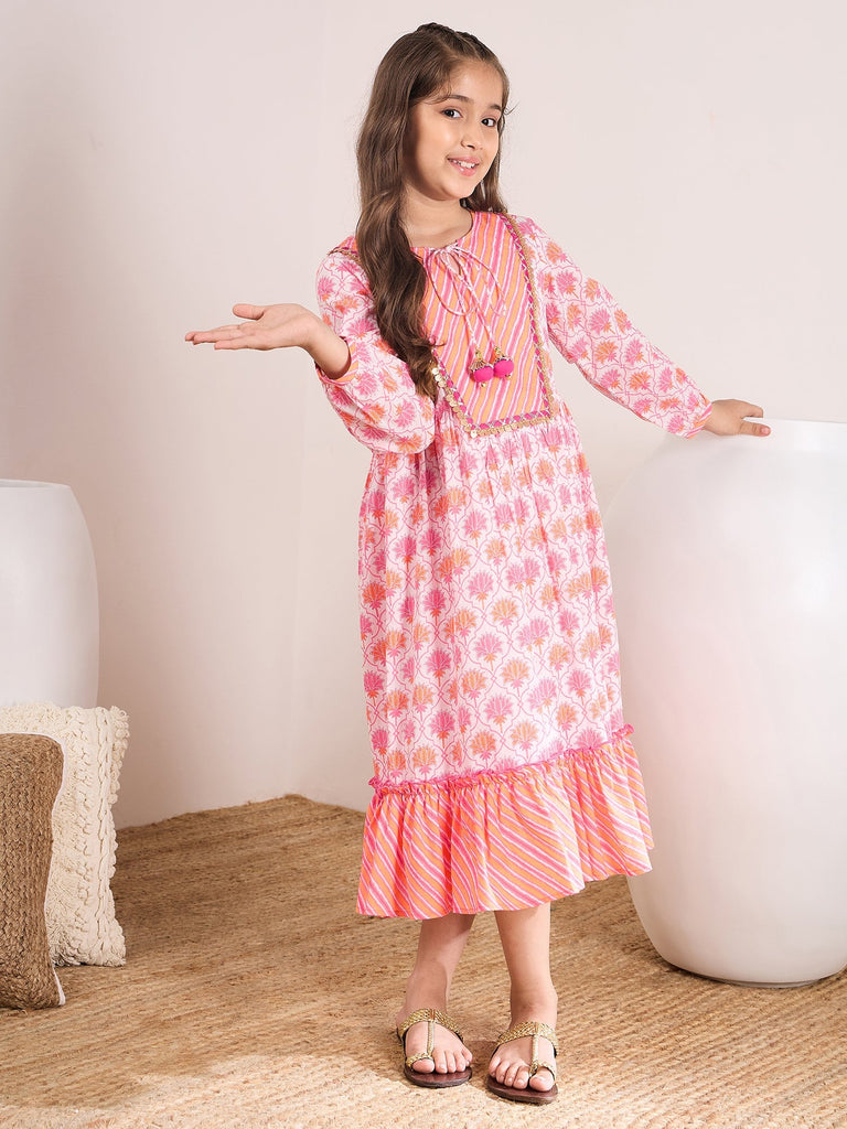 Girls Floral Print Tie-Up Neck Fit & Flare Midi Dress