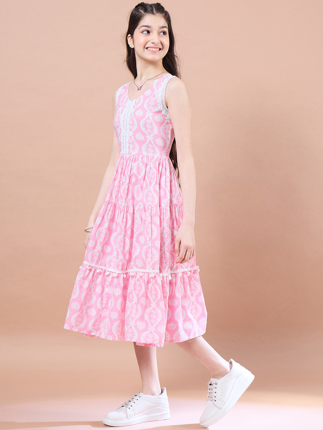 Girls Floral Print Fit Flare Cotton Midi Dress - PS Peaches