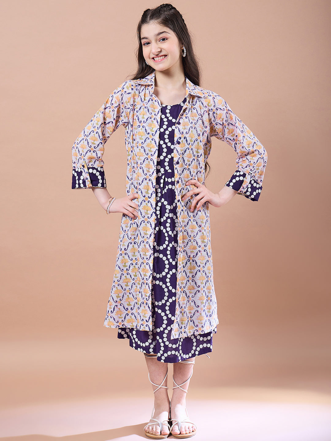 Girls Geometric Print Cotton Round Neck A-Line Midi Dress With Shrug - PS Peaches