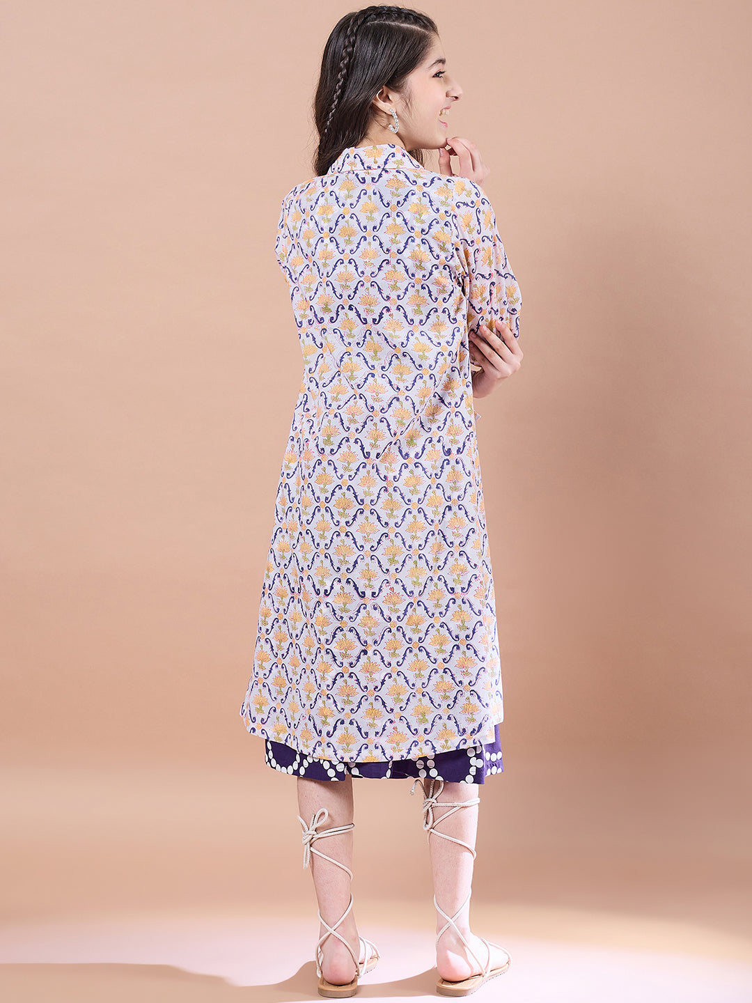 Girls Geometric Print Cotton Round Neck A-Line Midi Dress With Shrug - PS Peaches