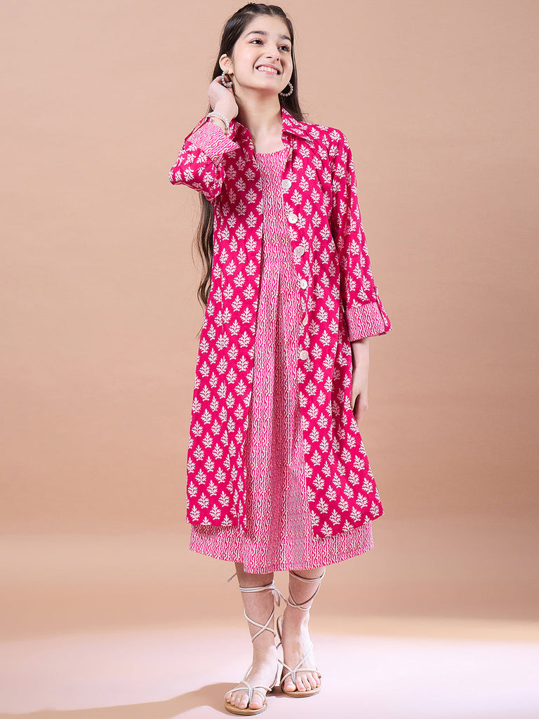 Girls Ethnic Motifs Print A-Line Cotton Midi Dress
