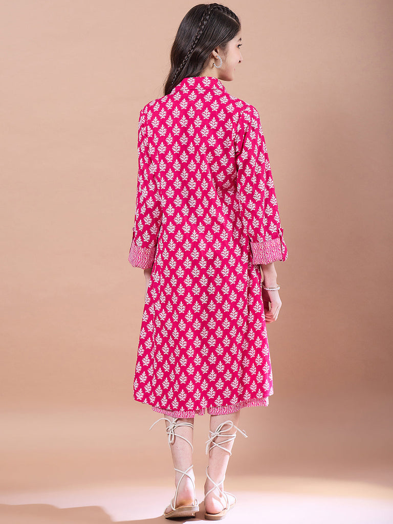 Girls Ethnic Motifs Print A-Line Cotton Midi Dress