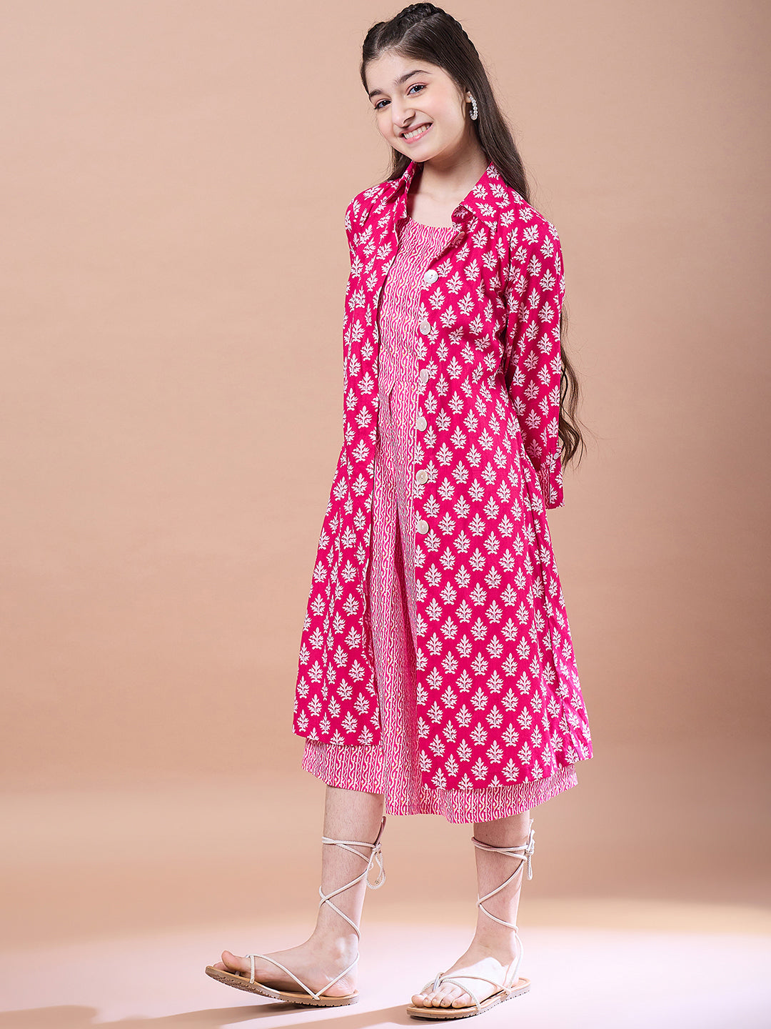Girls Ethnic Motifs Print A-Line Cotton Midi Dress - PS Peaches