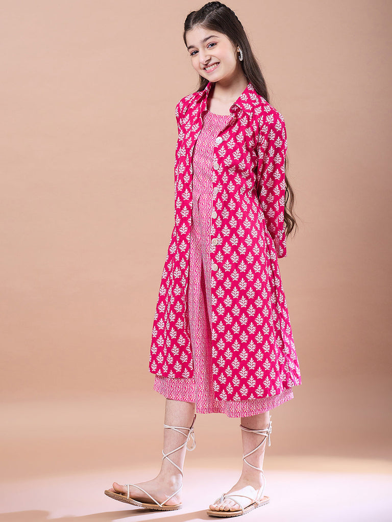 Girls Ethnic Motifs Print A-Line Cotton Midi Dress