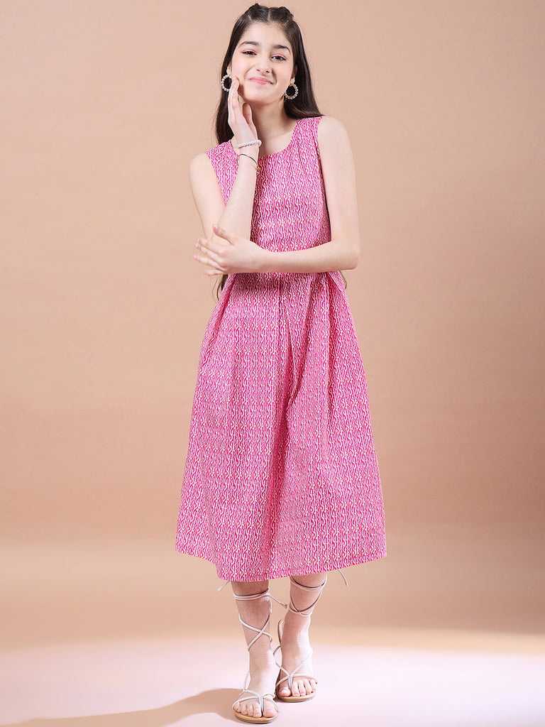 Girls Ethnic Motifs Print A-Line Cotton Midi Dress