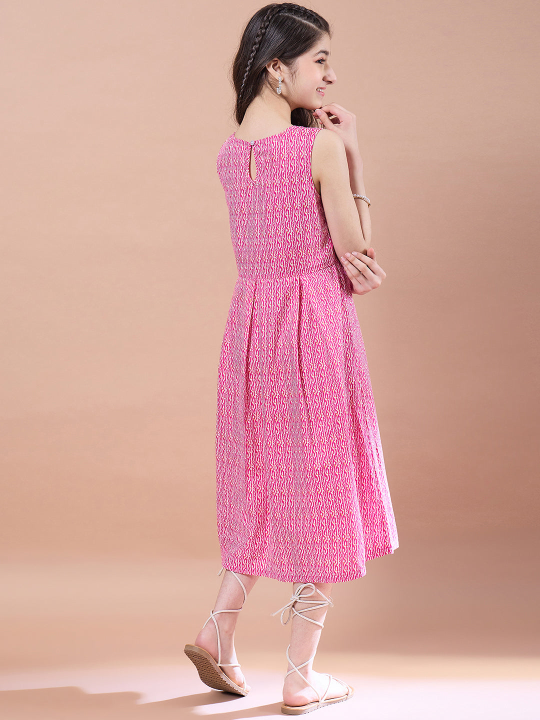 Girls Ethnic Motifs Print A-Line Cotton Midi Dress - PS Peaches