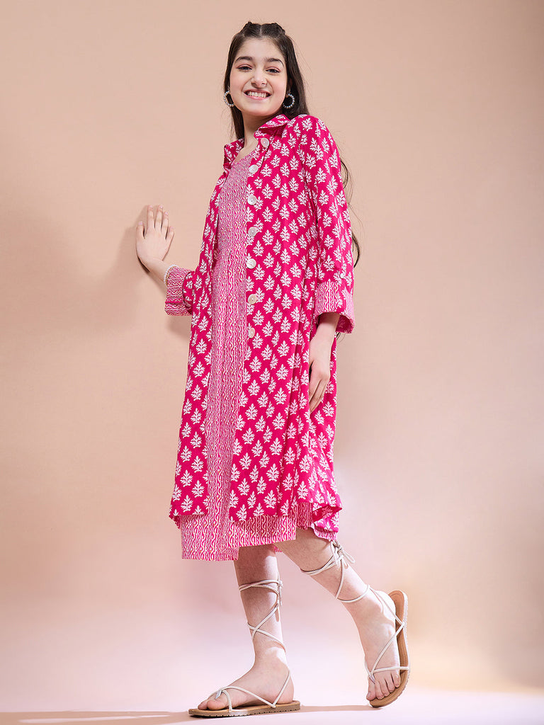 Girls Ethnic Motifs Print A-Line Cotton Midi Dress