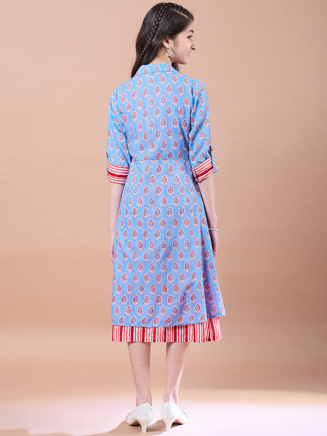 Girls Ethnic Motifs Print Cotton Round Neck A-Line Midi Dress With Shrug - PS Peaches