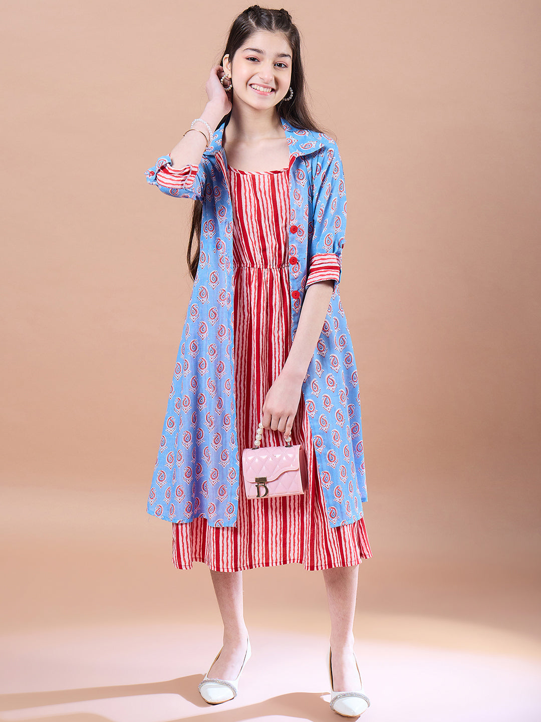 Girls Ethnic Motifs Print Cotton Round Neck A-Line Midi Dress With Shrug - PS Peaches