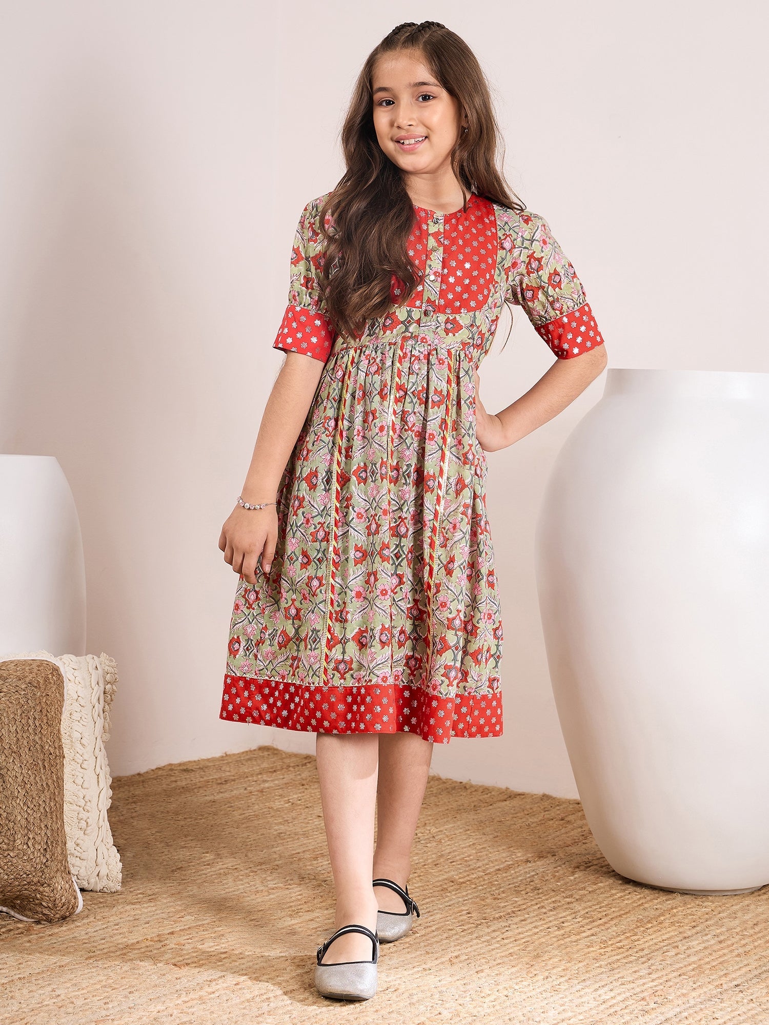 Girls Ethnic Motifs Print Empire Midi Dress