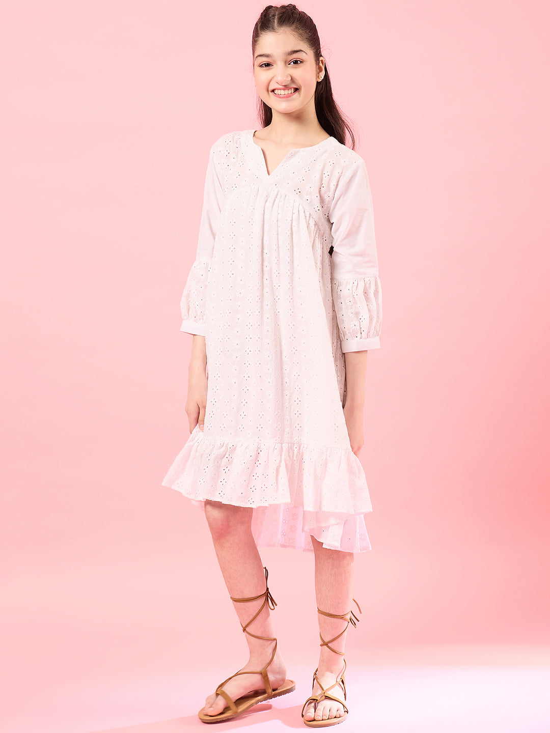 Girls Self Design Cotton Notched Neck Puff Sleeves A-Line Midi Dress - PS Peaches