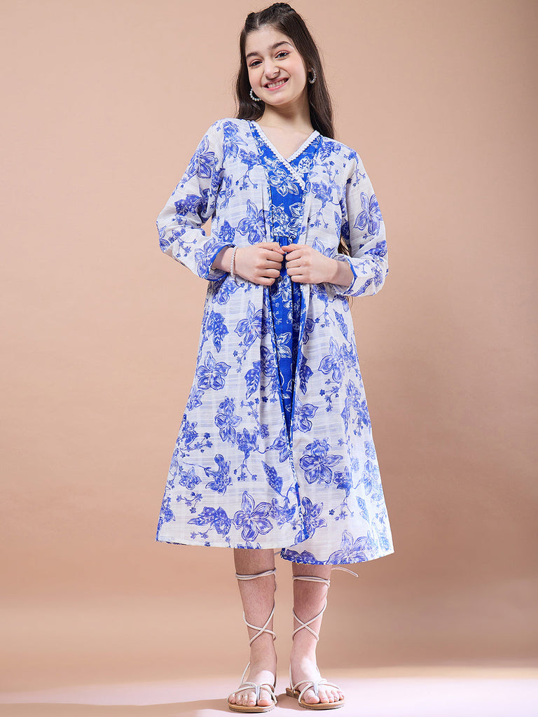 Girls Floral Print V-Neck Long Sleeves A-Line Midi Dress With Shrug