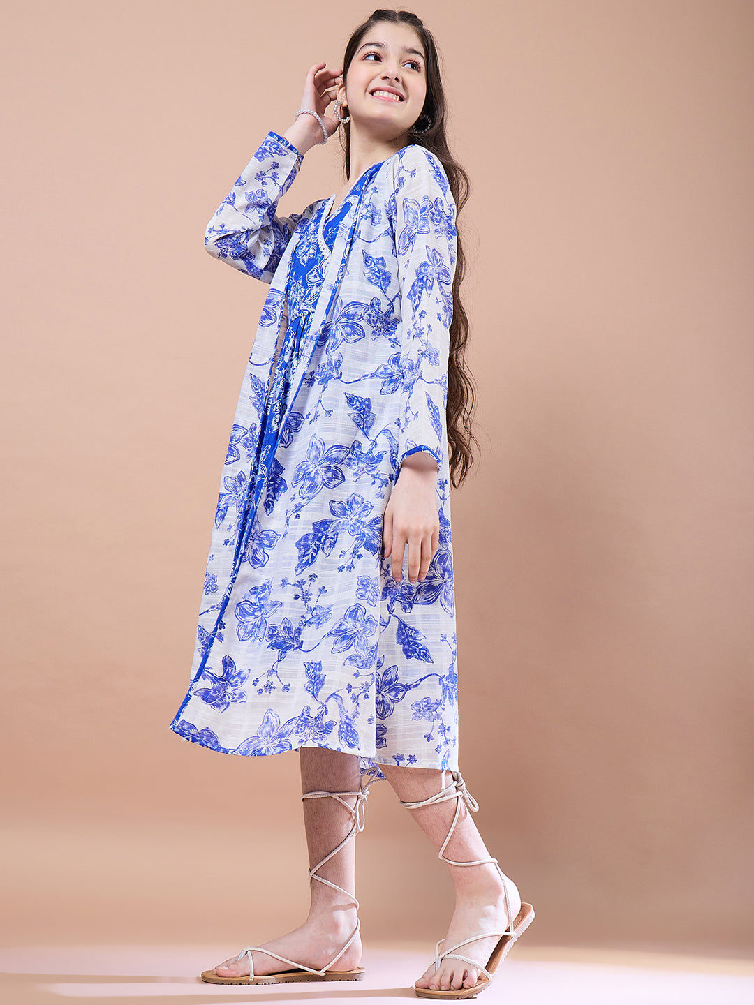 Girls Floral Print V-Neck Long Sleeves A-Line Midi Dress With Shrug - PS Peaches