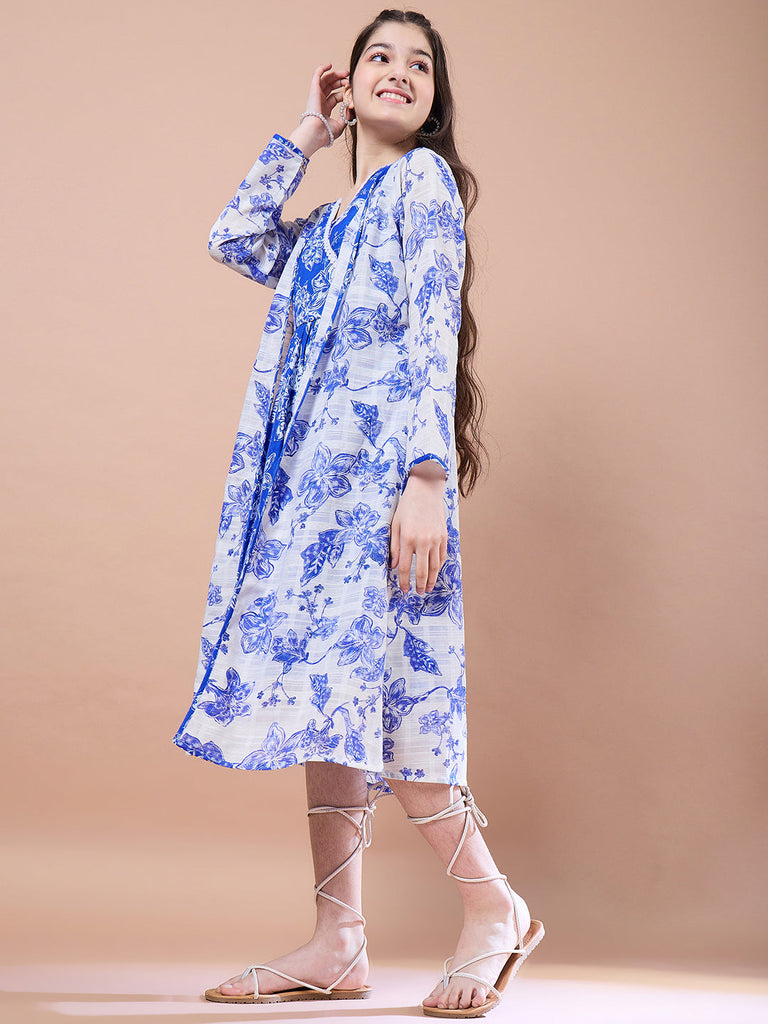 Girls Floral Print V-Neck Long Sleeves A-Line Midi Dress With Shrug
