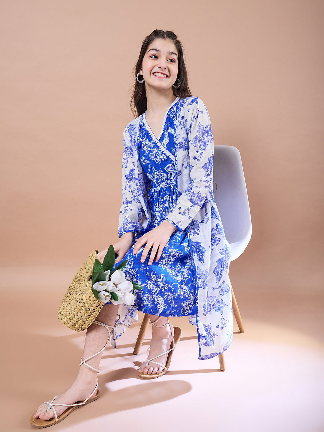 Girls Floral Print V-Neck Long Sleeves A-Line Midi Dress With Shrug Trendia Girls Floral Print V-Neck Long Sleeves A-Line Midi Dress With Shrug Trendia