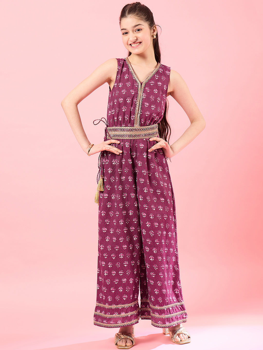 Girls Printed Basic Jumpsuit With Embellished - PS Peaches
