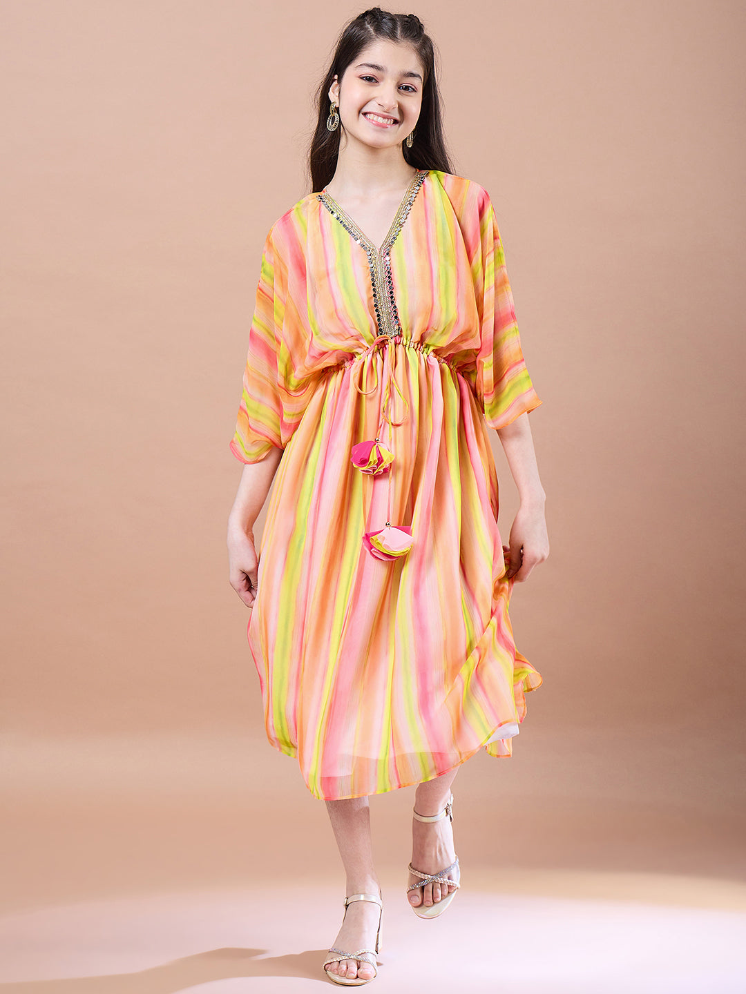 Girls Striped Georgette V-Neck Kimono Sleeves A-Line Midi Dress - PS Peaches